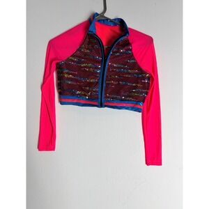 Neon Coral Sequin Mesh Dance Crop Top Kids Large RC25790 Long Sleeve Jazz Cheer